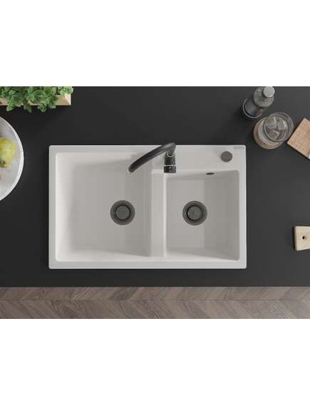 Mexen Tomas zlewozmywak granitowy 2-komorowy 800 x 500 mm, biały, syfon czarny - 6516802000-20-B, изображение 4