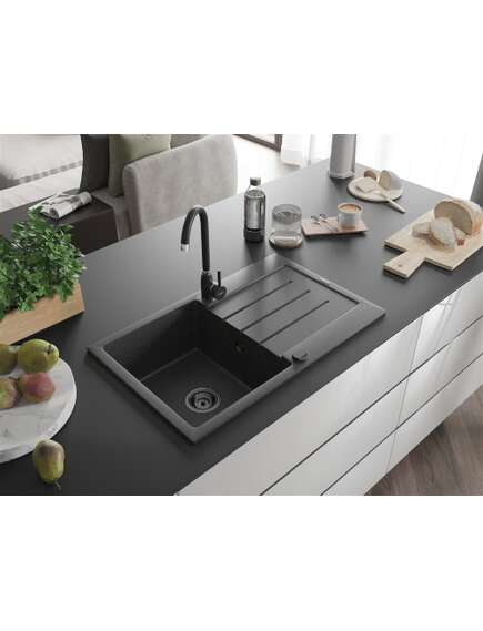 Mexen Bruno zlewozmywak granitowy 1-komorowy z ociekaczem 795 x 495 mm, czarny nakrapiany, syfon czarny - 6513791010-76-B, изображение 2