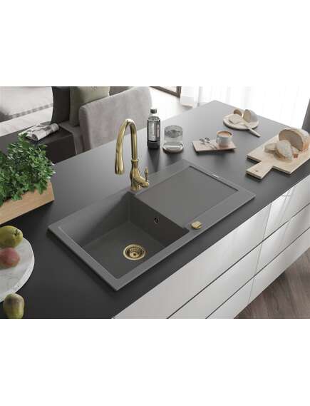 Mexen Leo zlewozmywak granitowy 1-komorowy z ociekaczem i baterią kuchenną Savita, szary - 6501-71-672601-50, 2 image