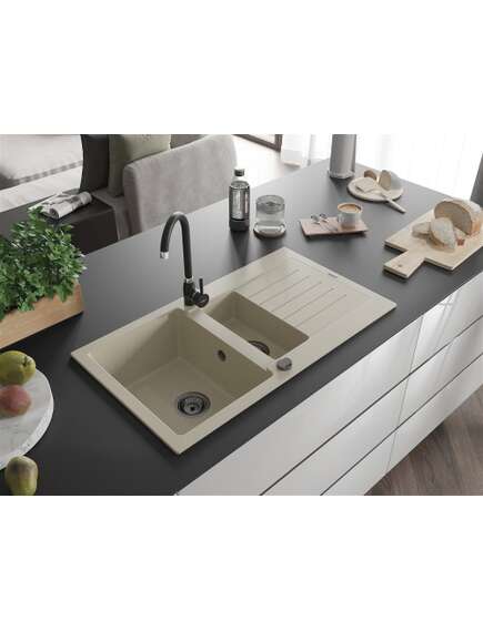 Mexen Matias zlewozmywak granitowy 1,5-komorowy z ociekaczem 900 x 505 mm, beżowy, syfon czarny - 6502901505-69-B, изображение 2