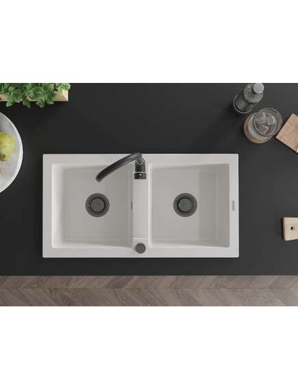 Mexen Mario zlewozmywak granitowy 2-komorowy 820 x 436 mm, biały, syfon czarny - 6504822000-20-B, изображение 4