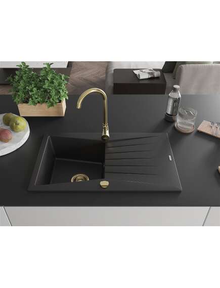 Mexen Cesar zlewozmywak granitowy 1-komorowy z ociekaczem 775 x 470 mm, czarny, syfon złoty - 6514771010-77-G, изображение 3