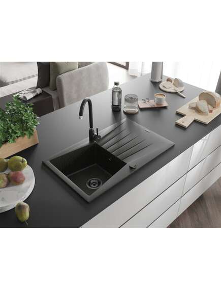 Mexen Cesar zlewozmywak granitowy 1-komorowy z ociekaczem 775 x 470 mm, czarny/złoty metalik, syfon czarny - 6514771010-75-B, изображение 2