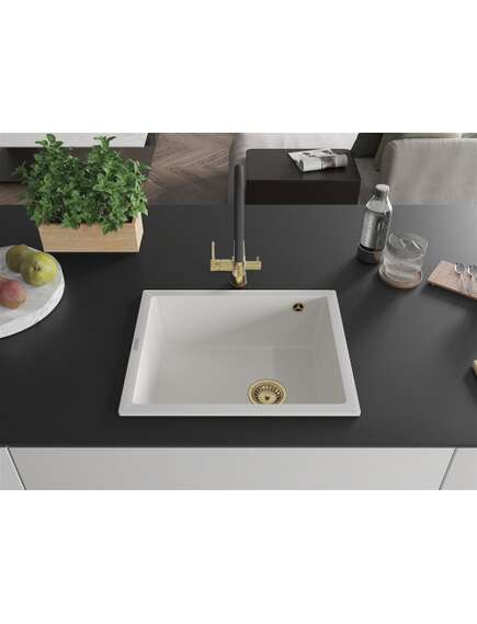 Mexen Pedro zlewozmywak granitowy 1-komorowy 560 x 460 mm, biały, syfon złoty - 6508561000-20-G, изображение 3