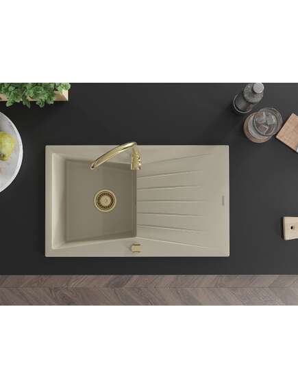 Mexen Cesar zlewozmywak granitowy 1-komorowy z ociekaczem 775 x 470 mm, beżowy, syfon złoty - 6514771010-69-G, изображение 4