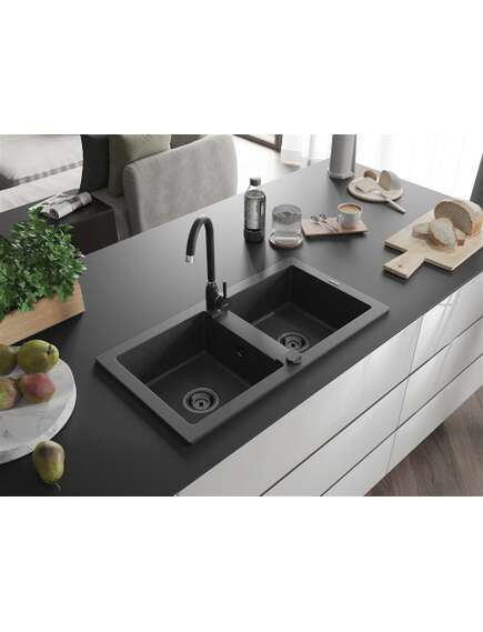 Mexen Mario zlewozmywak granitowy 2-komorowy 820 x 436 mm, czarny nakrapiany, syfon czarny - 6504822000-76-B, изображение 2