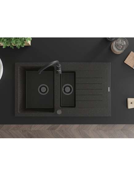 Mexen Matias zlewozmywak granitowy 1,5-komorowy z ociekaczem 900 x 505 mm, czarny/złoty metalik, syfon czarny - 6502901505-75-B, изображение 4