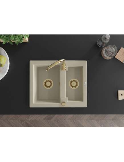 Mexen Carlos zlewozmywak granitowy 1,5-komorowy 582 x 475 mm, beżowy, syfon złoty - 6518581500-69-G, изображение 4