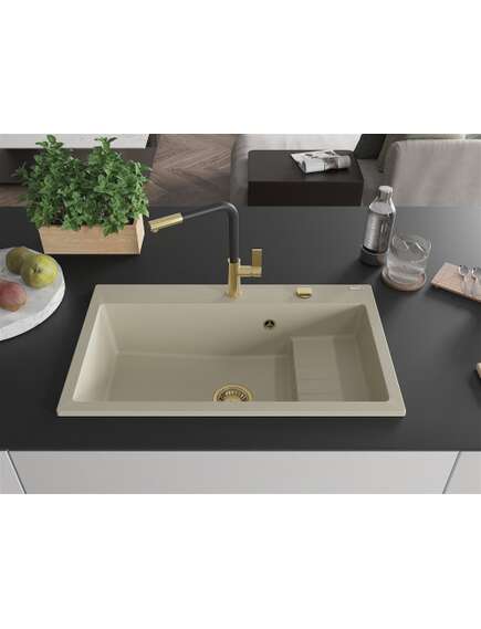Mexen Omar zlewozmywak granitowy 1-komorowy 800 x 480 mm, beżowy, syfon złoty - 6520801005-69-G, изображение 3