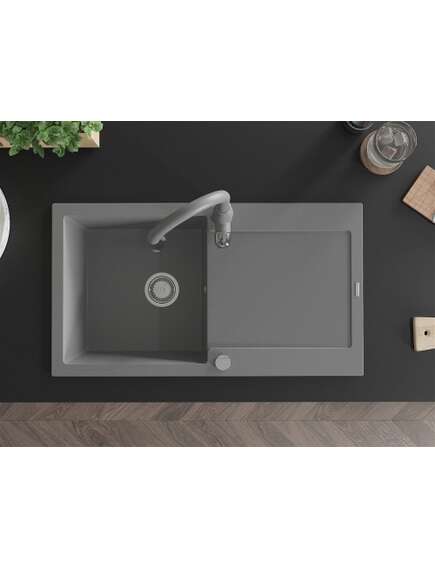 Mexen Leo zlewozmywak granitowy 1-komorowy z ociekaczem i baterią kuchenną Savita, szary - 6501-71-672601-71, 4 image
