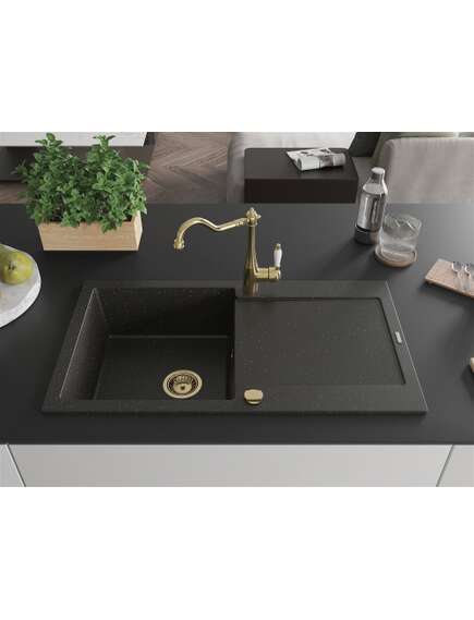 Mexen Leo zlewozmywak granitowy 1-komorowy z ociekaczem i baterią kuchenną Carla, czarny/złoty metalik - 6501-75-670700-50, 3 image