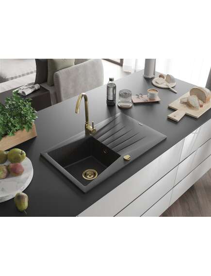 Mexen Cesar zlewozmywak granitowy 1-komorowy z ociekaczem 775 x 470 mm, czarny nakrapiany, syfon złoty - 6514771010-76-G, изображение 2