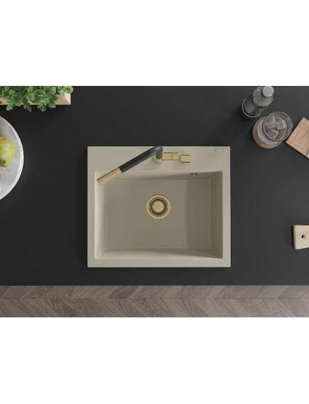 Mexen Oscar zlewozmywak granitowy 1-komorowy 580 x 490 mm, beżowy, syfon złoty - 6519581000-69-G, изображение 4