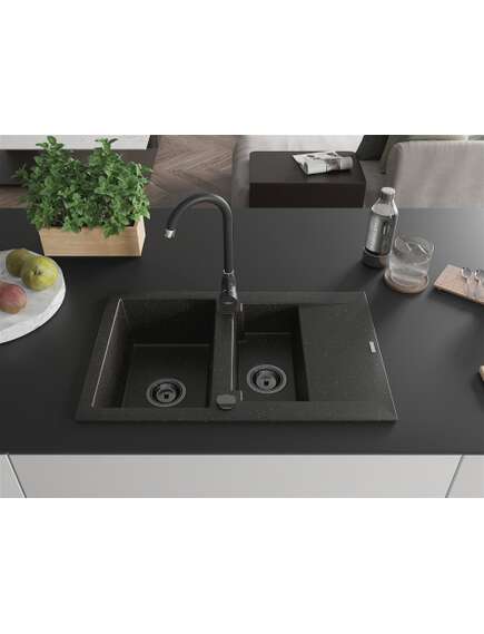 Mexen Gaspar zlewozmywak granitowy 1,5-komorowy z ociekaczem 737 x 475 mm, czarny/złoty metalik, syfon czarny - 6507731505-75-B, изображение 3