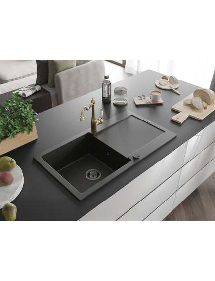 Mexen Leo zlewozmywak granitowy 1-komorowy z ociekaczem i baterią kuchenną Carla, czarny/złoty metalik - 6501-75-670700-50-B, 2 image