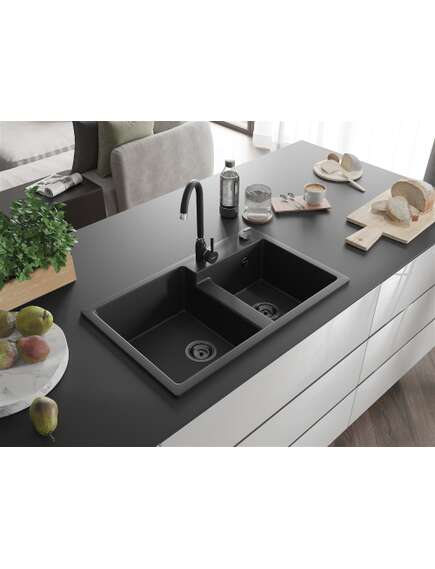 Mexen Tomas zlewozmywak granitowy 2-komorowy 800 x 500 mm, czarny, syfon czarny - 6516802000-77-B, 2 image