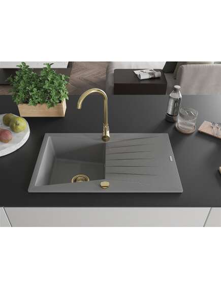 Mexen Cesar zlewozmywak granitowy 1-komorowy z ociekaczem 775 x 470 mm, szary, syfon złoty - 6514771010-71-G, изображение 3