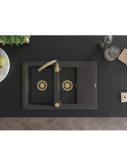 Mexen Gaspar zlewozmywak granitowy 1,5-komorowy z ociekaczem 737 x 475 mm, czarny nakrapiany, syfon złoty - 6507731505-76-G, изображение 4