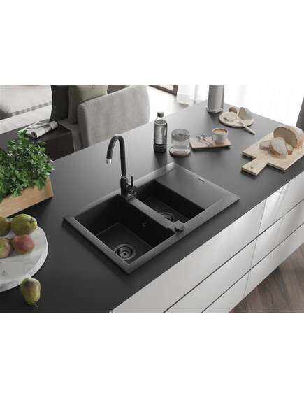 Mexen Gaspar zlewozmywak granitowy 1,5-komorowy z ociekaczem 737 x 475 mm czarny/srebrny metalik, syfon czarny - 6507731505-73-B, изображение 2