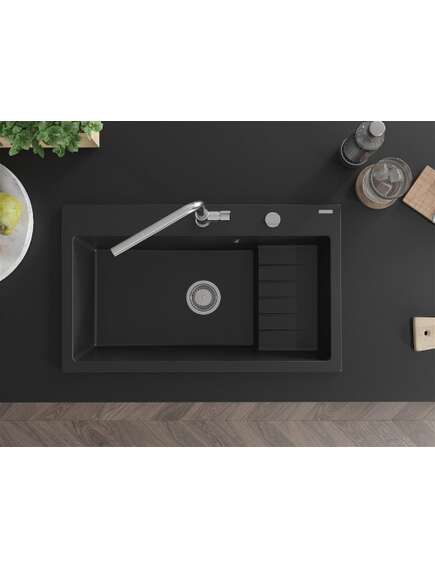 Mexen Omar zlewozmywak granitowy 1-komorowy 800 x 480 mm, czarny, syfon chrom - 6520801005-77, изображение 4