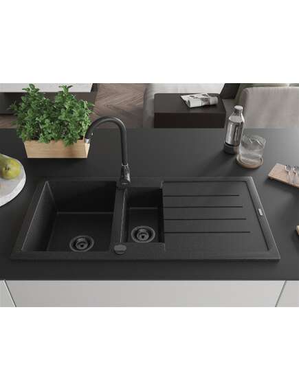 Mexen Andres zlewozmywak granitowy 1,5-komorowy z ociekaczem 1000 x 500 mm czarny/srebrny metalik syfon czarny - 6515101510-73-B, изображение 3