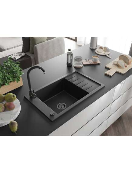 Mexen Elias zlewozmywak granitowy 1-komorowy z ociekaczem 795 x 480 mm, czarny, syfon czarny - 6511791005-77-B, 2 image