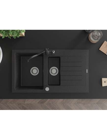 Mexen Matias zlewozmywak granitowy 1,5-komorowy z ociekaczem i baterią kuchenną Carla czarny/srebrny metalik - 6502-73-670700-70, 4 image