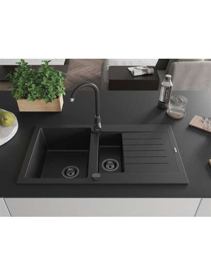 Mexen Matias zlewozmywak granitowy 1,5-komorowy z ociekaczem 900 x 505 mm, czarny, syfon czarny - 6502901505-77-B, изображение 3