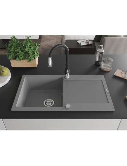 Mexen Leo zlewozmywak granitowy 1-komorowy z ociekaczem i baterią kuchenną Savita, szary - 6501-71-672601-70, 3 image