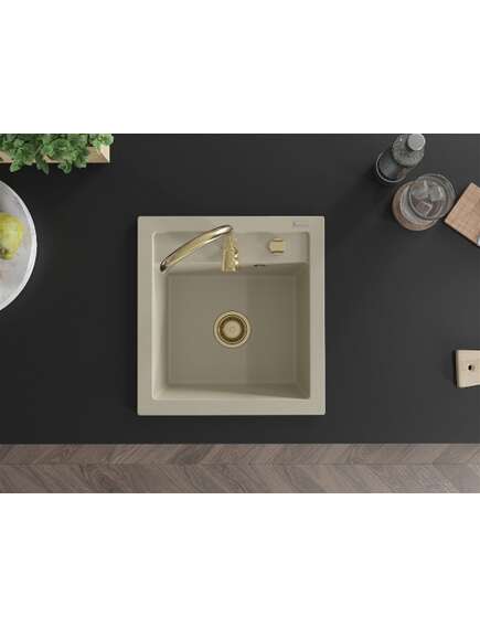 Mexen Vito zlewozmywak granitowy 1-komorowy 520 x 490 mm, beżowy, syfon złoty - 6503521000-69-G, изображение 4