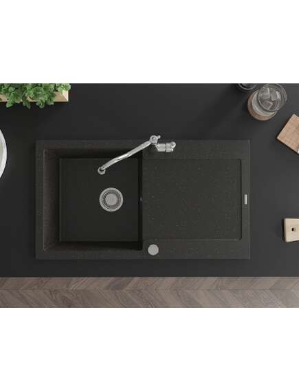 Mexen Leo zlewozmywak granitowy 1-komorowy z ociekaczem i baterią kuchenną Carla, czarny/złoty metalik - 6501-75-670700-00, 4 image