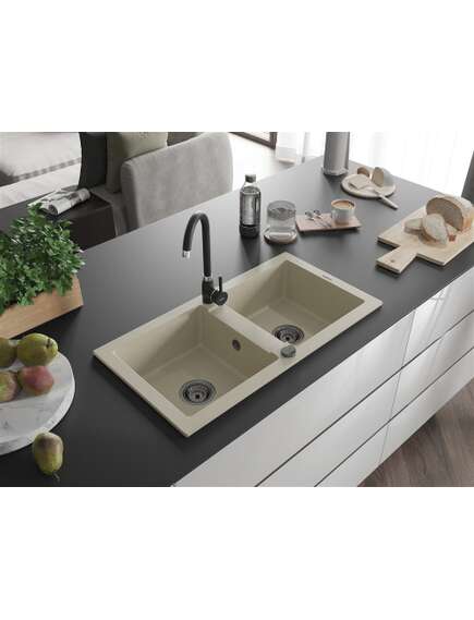 Mexen Mario zlewozmywak granitowy 2-komorowy 820 x 436 mm, beżowy, syfon czarny - 6504822000-69-B, изображение 2