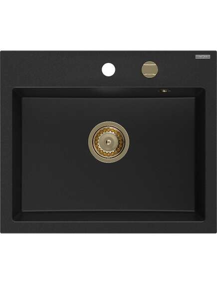 Mexen Oscar zlewozmywak granitowy 1-komorowy 580 x 490 mm, czarny, syfon złoty - 6519581000-77-G