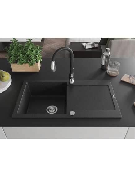 Mexen Leo zlewozmywak granitowy 1-komorowy z ociekaczem i baterią kuchenną Savita, czarny/srebrny metalik - 6501-73-672601-70, 3 image