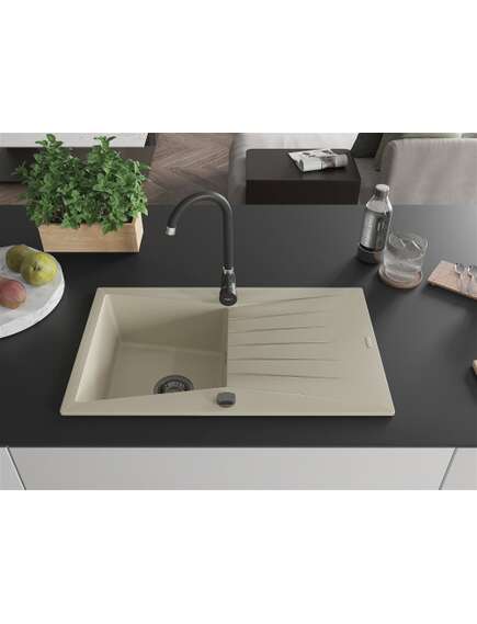 Mexen Cesar zlewozmywak granitowy 1-komorowy z ociekaczem 775 x 470 mm, beżowy, syfon czarny - 6514771010-69-B, изображение 3