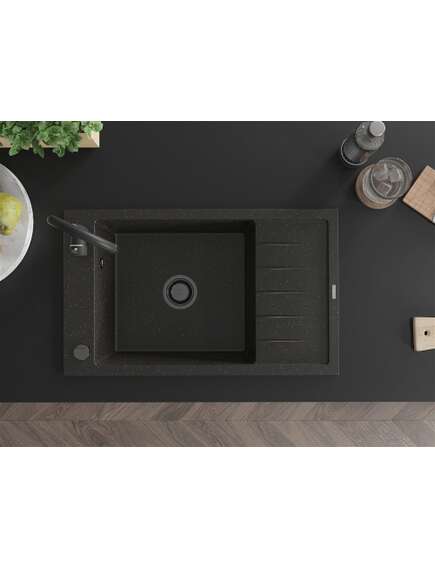 Mexen Elias zlewozmywak granitowy 1-komorowy z ociekaczem 795 x 480 mm, czarny/złoty metalik, syfon czarny - 6511791005-75-B, 4 image