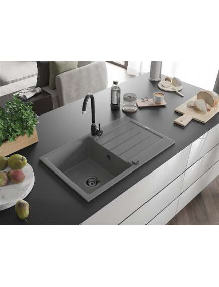 Mexen Bruno zlewozmywak granitowy 1-komorowy z ociekaczem 795 x 495 mm, szary, syfon czarny - 6513791010-71-B, изображение 2