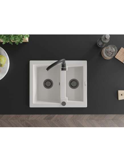 Mexen Carlos zlewozmywak granitowy 1,5-komorowy 582 x 475 mm, biały, syfon czarny - 6518581500-20-B, изображение 4