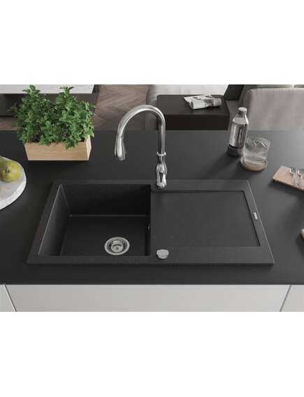 Mexen Leo zlewozmywak granitowy 1-komorowy z ociekaczem i baterią kuchenną Savita, czarny/srebrny metalik - 6501-73-672601-00, 3 image