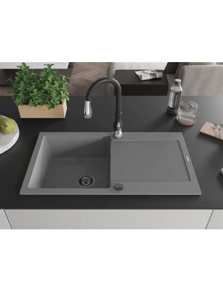 Mexen Leo zlewozmywak granitowy 1-komorowy z ociekaczem i baterią kuchenną Savita, szary - 6501-71-672601-70-B, 3 image