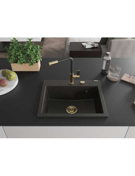 Mexen Oscar zlewozmywak granitowy 1-komorowy 580 x 490 mm, czarny/złoty metalik, syfon złoty - 6519581000-75-G, изображение 3