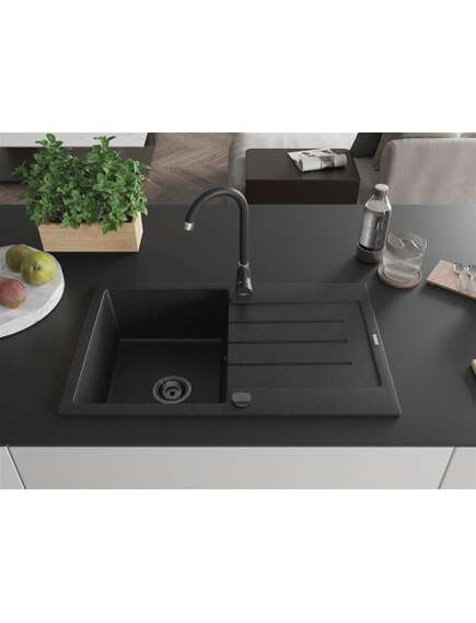 Mexen Bruno zlewozmywak granitowy 1-komorowy z ociekaczem 795 x 495 mm, czarny/srebrny metalik, syfon czarny - 6513791010-73-B, изображение 3