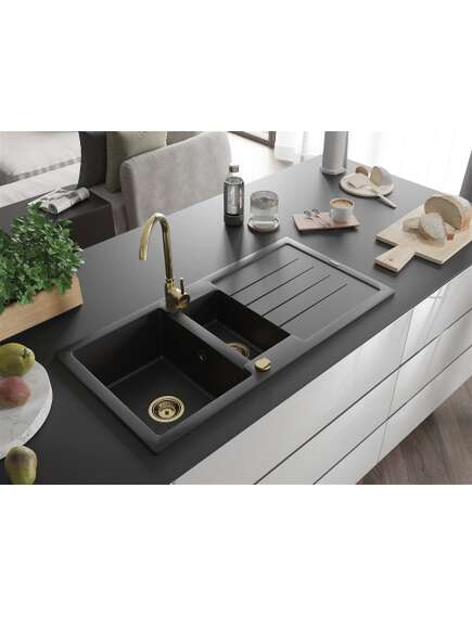 Mexen Andres zlewozmywak granitowy 1,5-komorowy z ociekaczem 1000 x 500 mm czarny, syfon złoty - 6515101510-77-G, 2 image