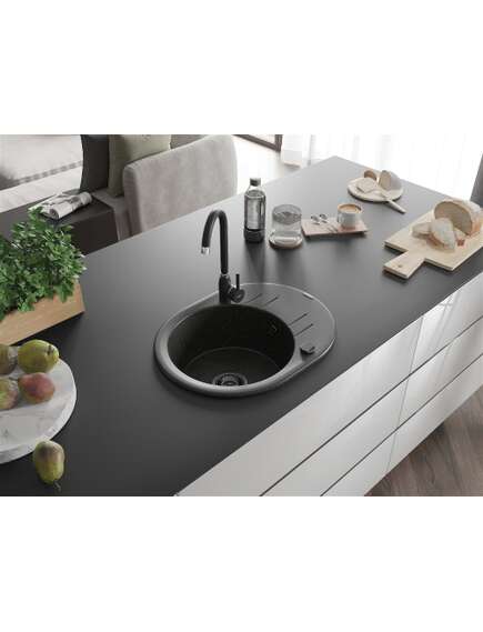 Mexen Kevin zlewozmywak granitowy 1-komorowy z ociekaczem 586 x 458 mm, czarny/złoty metalik, syfon czarny - 6517581005-75-B, изображение 2