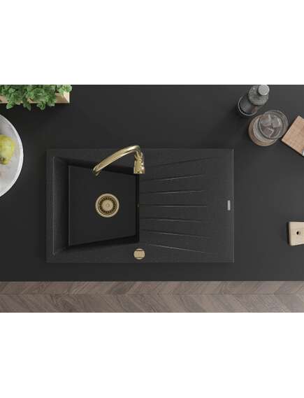 Mexen Cesar zlewozmywak granitowy 1-komorowy z ociekaczem 775 x 470 mm, czarny/srebrny metalik, syfon złoty - 6514771010-73-G, изображение 4