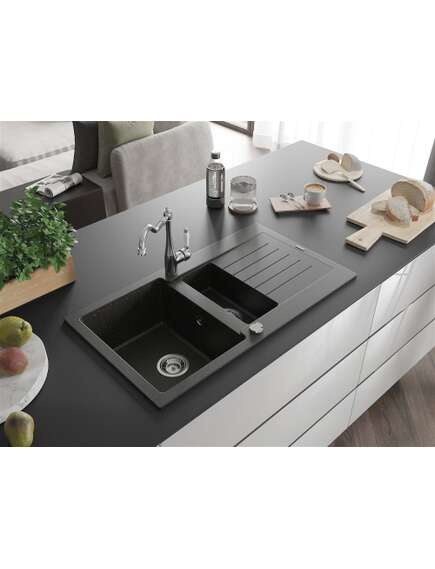 Mexen Matias zlewozmywak granitowy 1,5-komorowy z ociekaczem i baterią kuchenną Carla, czarny/złoty metalik - 6502-75-670700-00, 2 image