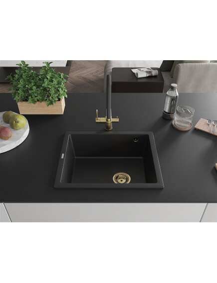 Mexen Pedro zlewozmywak granitowy 1-komorowy 560 x 460 mm, czarny, syfon złoty - 6508561000-77-G, 3 image