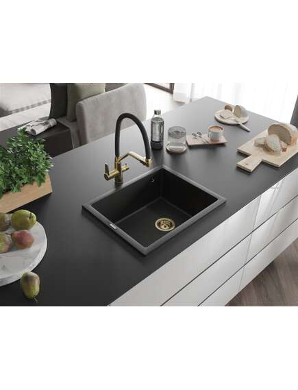 Mexen Pedro zlewozmywak granitowy 1-komorowy 560 x 460 mm, czarny, syfon złoty - 6508561000-77-G, 2 image