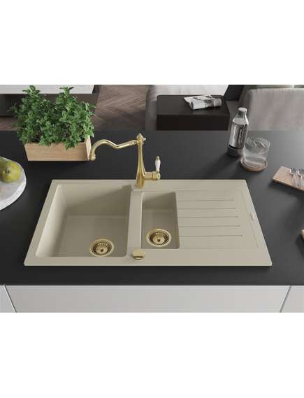 Mexen Matias zlewozmywak granitowy 1,5-komorowy z ociekaczem i baterią kuchenną Carla, beżowy - 6502-69-670700-50, изображение 3