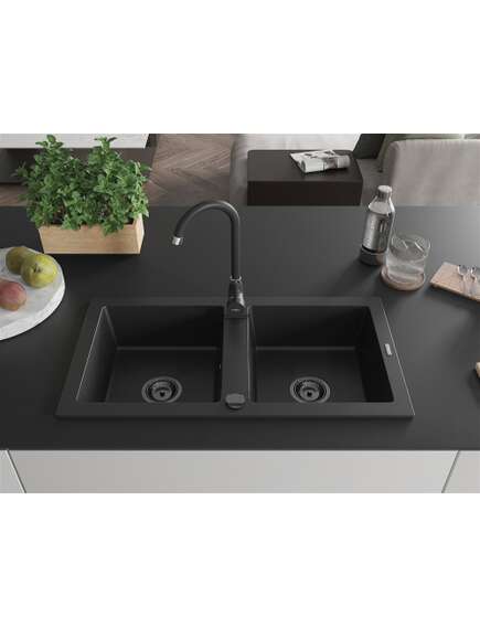 Mexen Mario zlewozmywak granitowy 2-komorowy 820 x 436 mm, czarny, syfon czarny - 6504822000-77-B, изображение 4